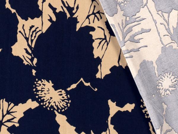 Bamboo Popeline Druck camel, Blumen marine